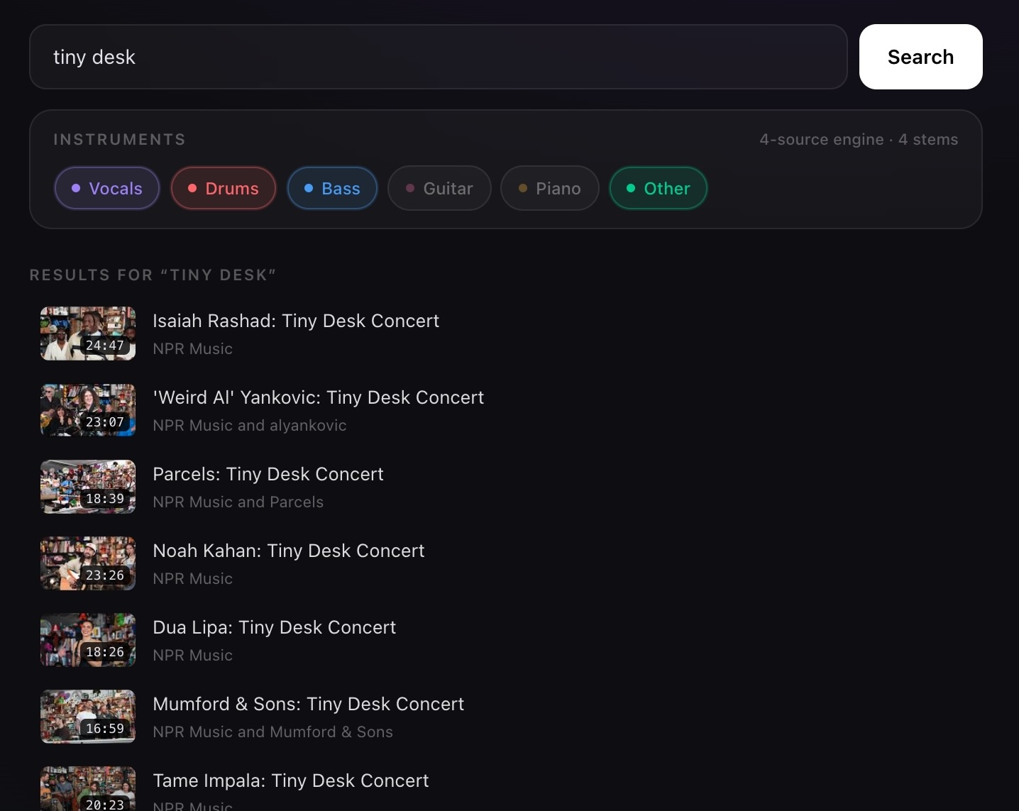 StemKit search screen with YouTube results